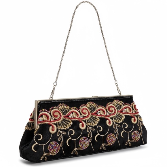 Aldo Beaded Floral Satin Evening Bag Embroidered 2 Removable Chain Straps - Picture 3 of 11